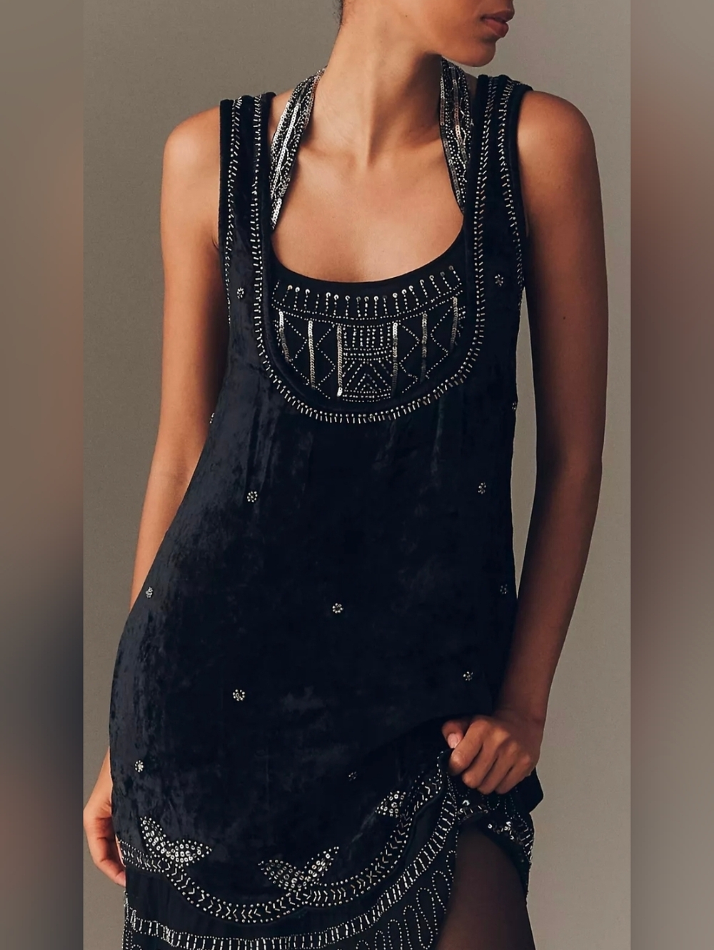 Anthropologie Black Velvet Sleeveless Beaded Mini Dress - Picture 1 of 3